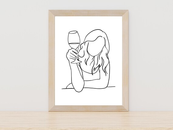 Chic Woman Holding Wine Glass Minimalist Line Art Kitchen Poster