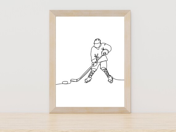 Ice Hockey Player Stick Puck One Line Drawing Minimalist Sport Poster
