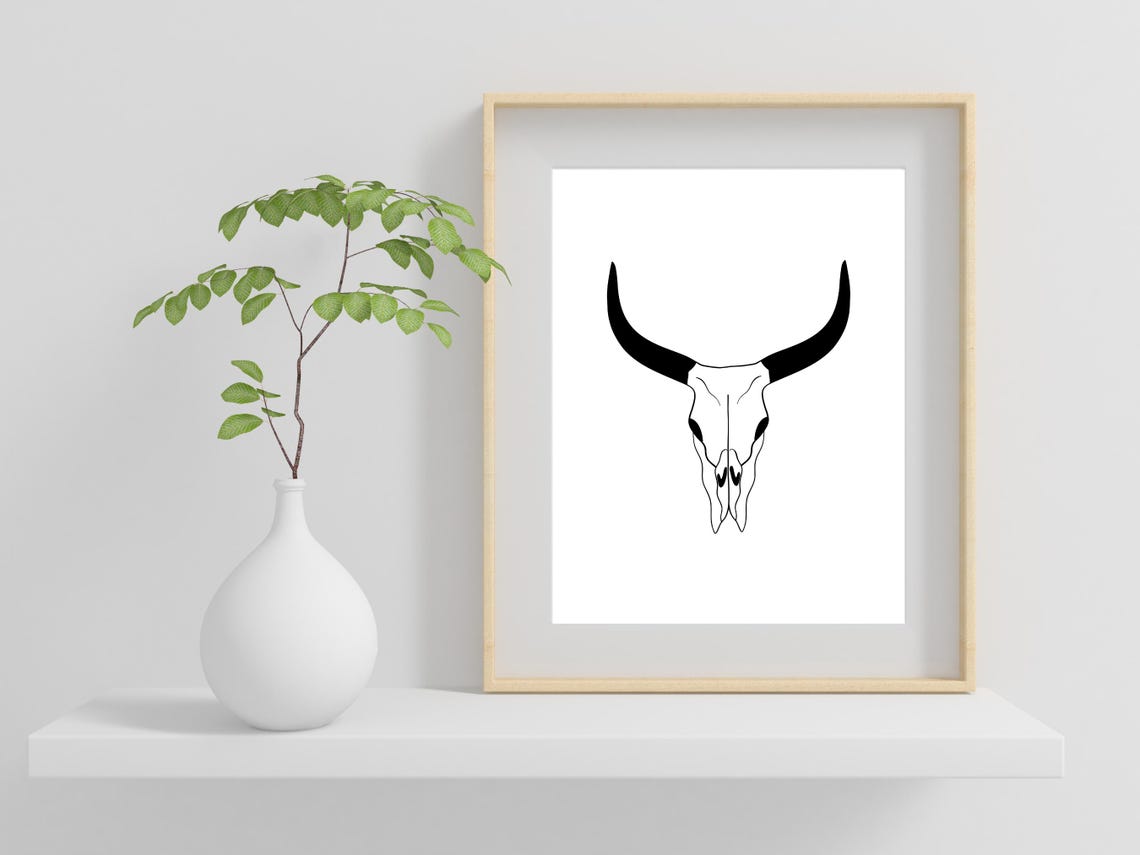 Bold Longhorn Skull Western Decor Black Cow Skull Art Poster - Image 2