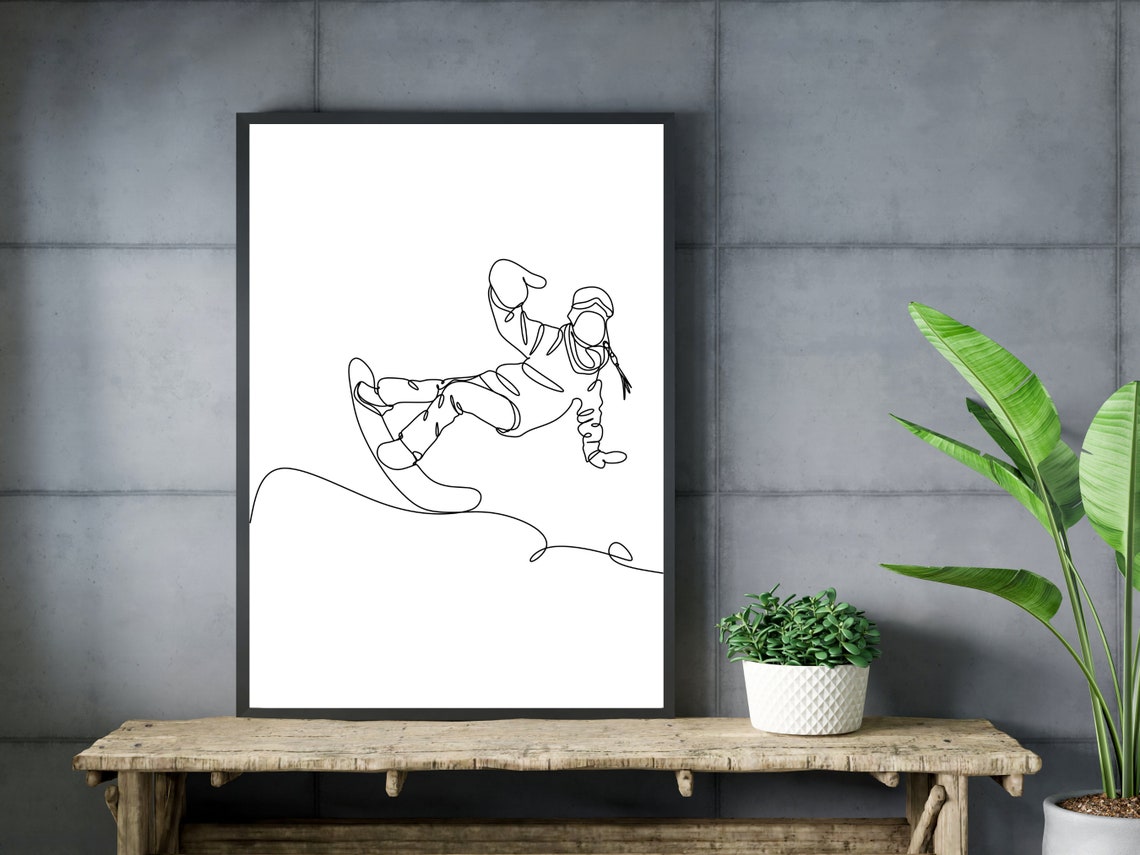 Dynamic Snowboarder Mid Air Jump Minimalist Single Line Art Poster - Image 3