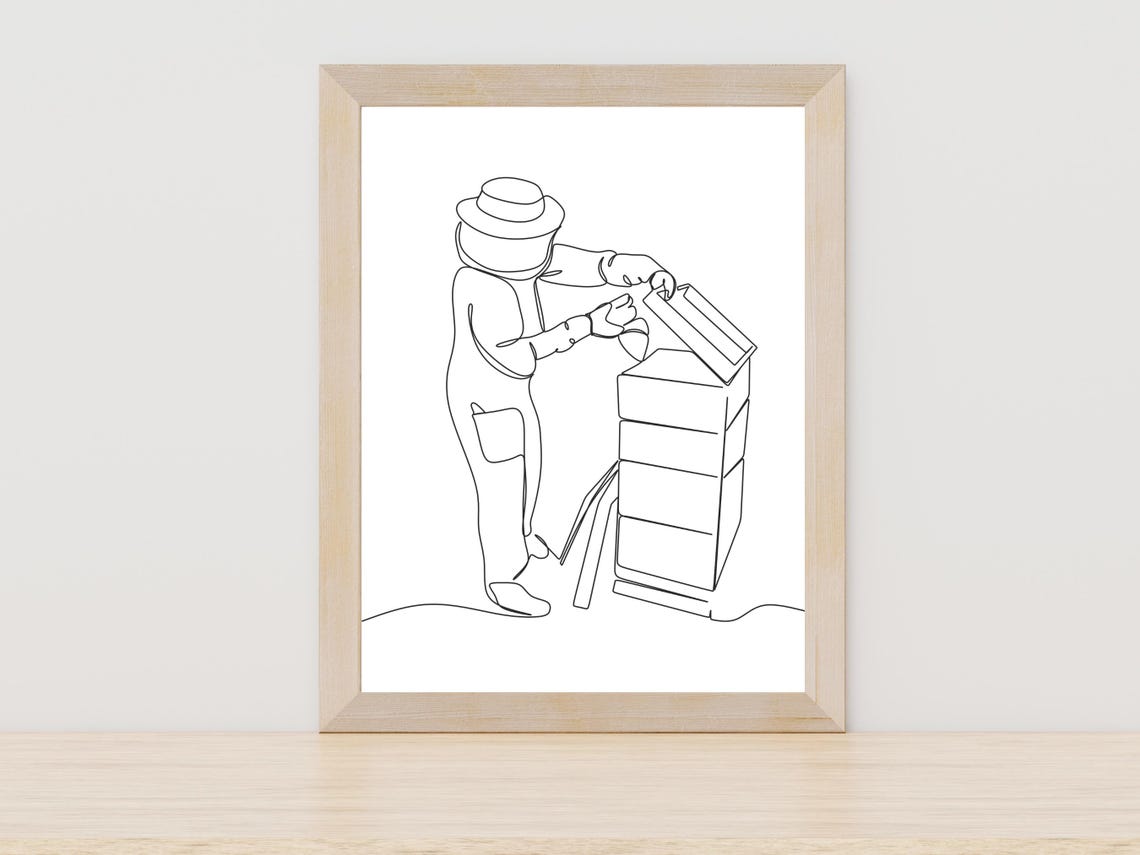 Minimalist Beekeeper with Bee Hive Single Line Art Decor Poster