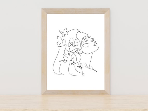 Female Line Art Female With Butterfly Line Art Woman Line Art Print Line Art Print Minimalist Decor Female Wall Art One Line Drawing