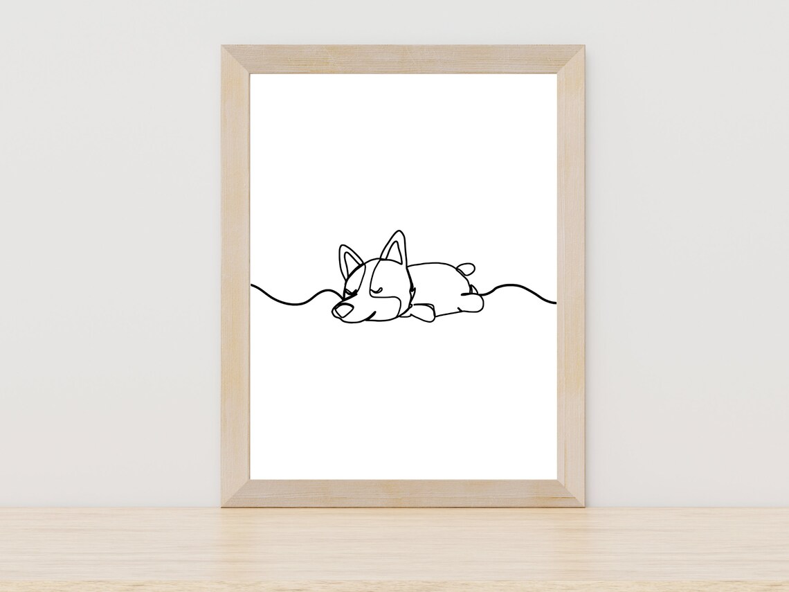 Sleeping Corgi Dog One Line Drawing Cute Pet Portrait Puppy Poster