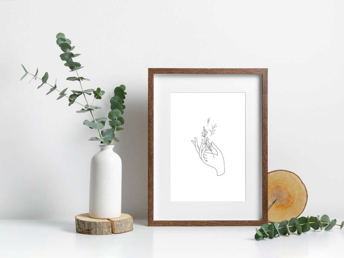 Hand Holding Leaves One Line Drawing Minimalist Botanical Art Poster - Image 2