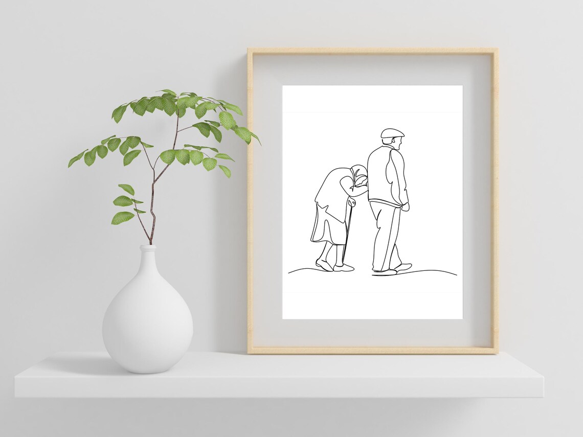 Elderly Couple Walking Line Art Anniversary Love Story Decor Poster - Image 2