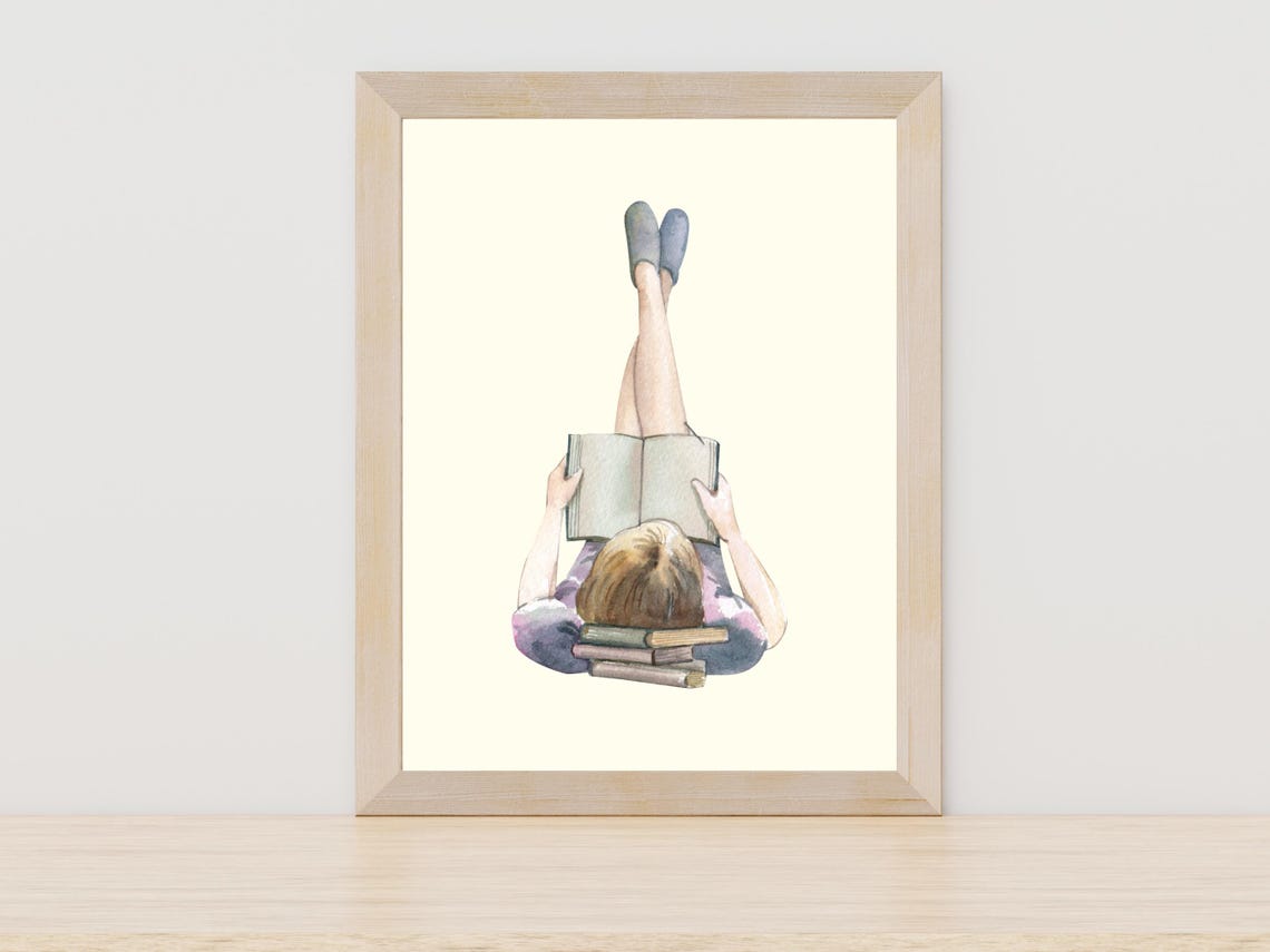 Girl Reading Books Watercolor Book Lover Gift Bookish Art Poster