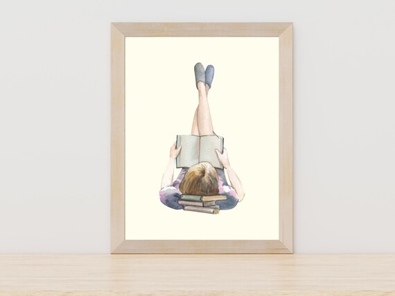 Girl Reading Books Watercolor Book Lover Gift Bookish Art Poster