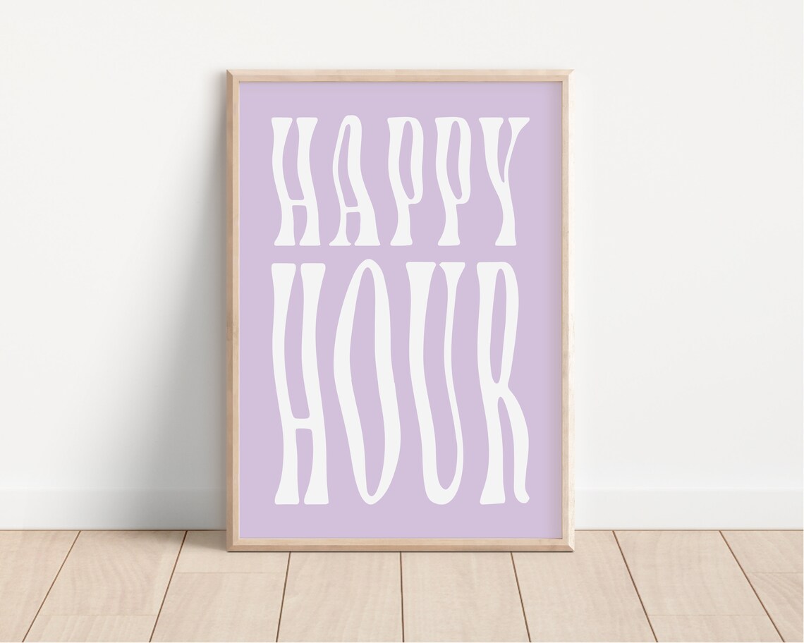Happy Hour White Retro Wavy Letters on Lavender Purple Bar Sign Poster