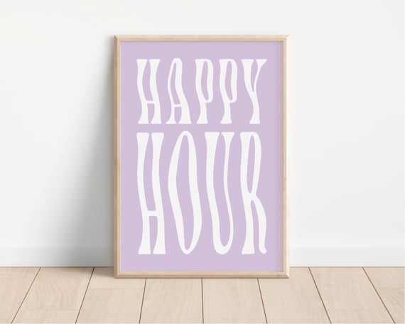 Happy Hour White Retro Wavy Letters on Lavender Purple Bar Sign Poster