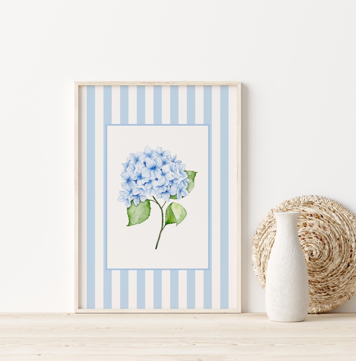 Blue Hydrangea Watercolor Bloom Blue Striped Border Coastal Flower Poster - Image 2