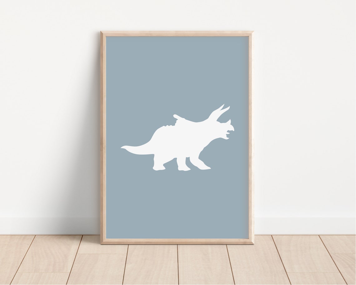 White Triceratops Dinosaur Silhouette Blue Boys Nursery Print