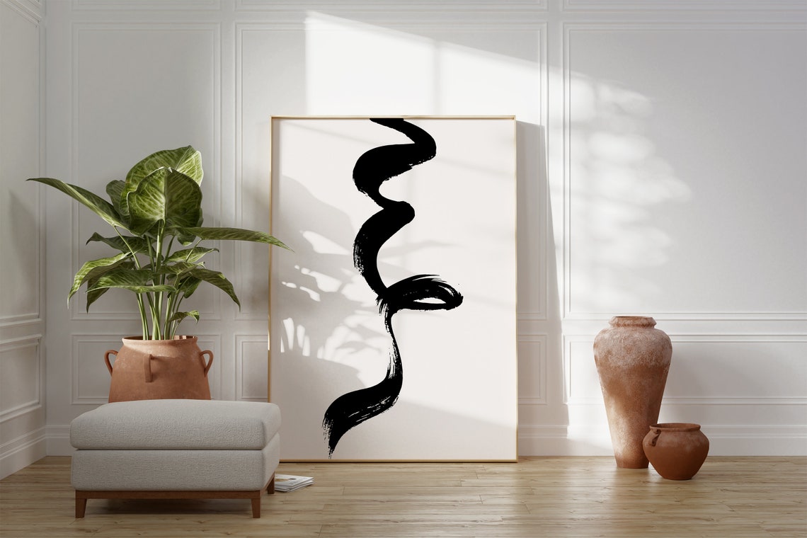 Bold Black Brushstroke Wavy Line Cream Minimalist Modern Art Print - Image 3