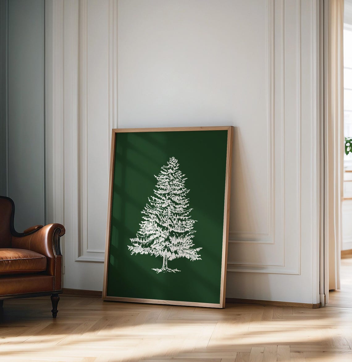 White Pine Tree On Dark Green Vintage Botanical Christmas Poster