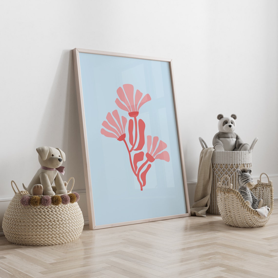 Coral Abstract Flower Blooms Light Blue Modern Nursery Print Decor - Image 3
