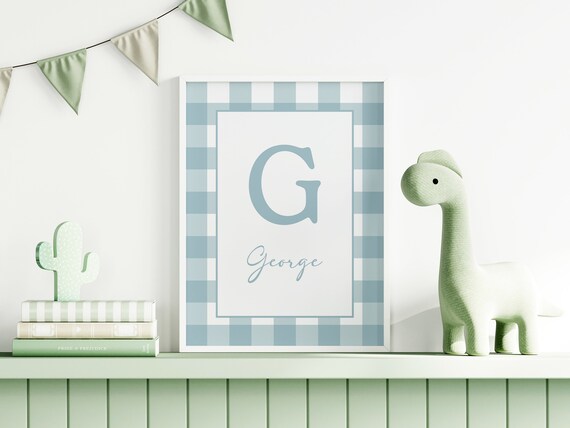 George Blue Gingham Custom Name Nursery Print For Boys Rooms