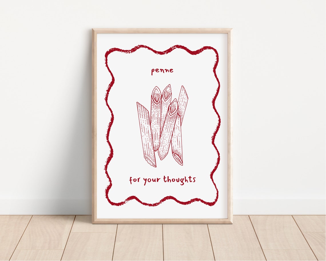Penne For Your Thoughts Pasta Poster Red Kitchen Funny Food Art Design