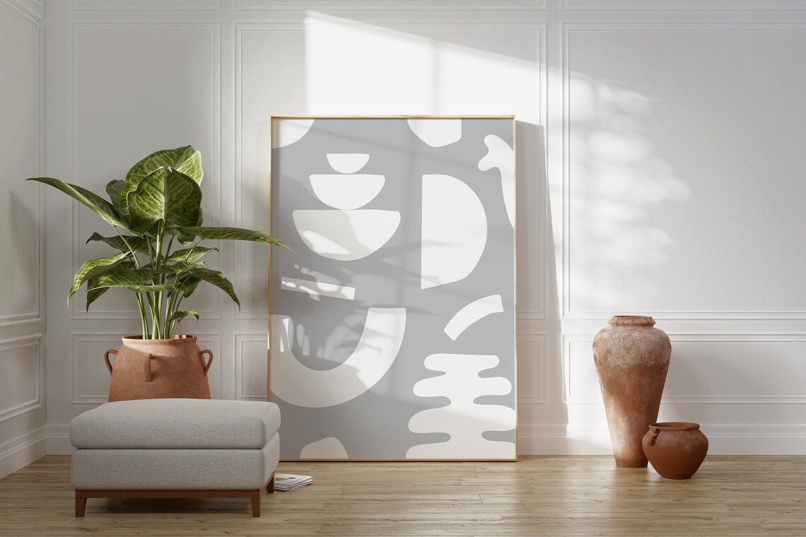 Gray Abstract White Organic Shapes Modern Minimalist Art Poster - Image 2
