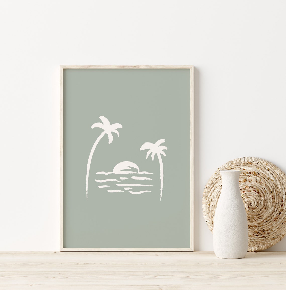 Palm Trees Sunset Ocean White Line Art Sage Green Beach Poster - Image 2