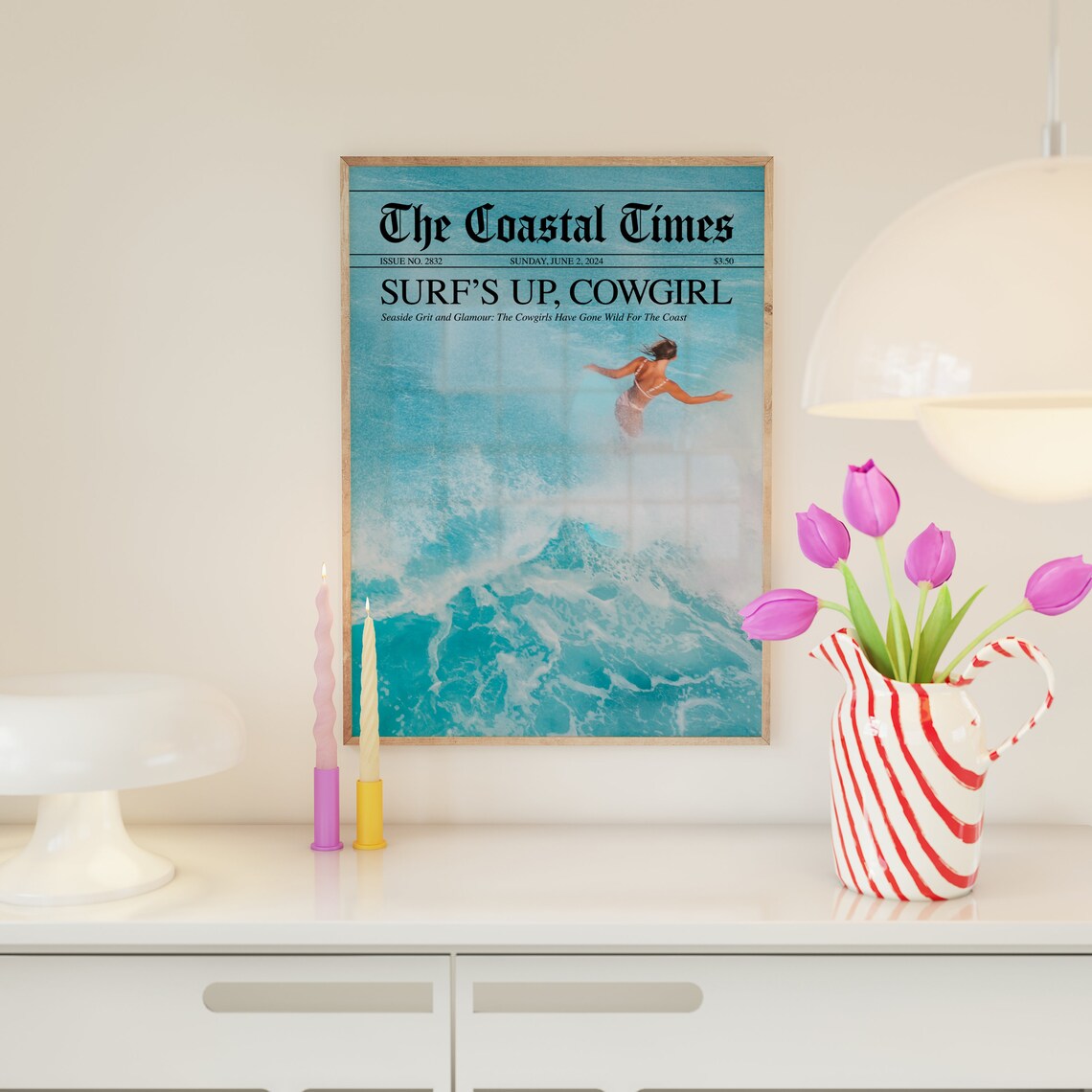 The Coastal Times Surfs Up Cowgirl Newspaper Surf Beach Poster