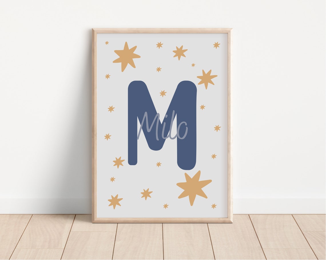 Milo Personalized Name Initial Blue Stars Nursery Baby Poster