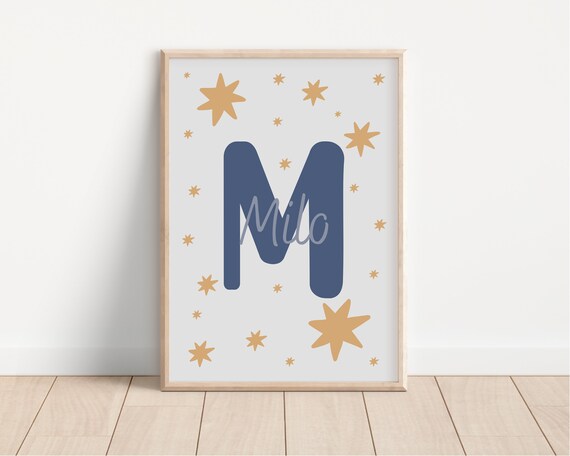 Milo Personalized Name Initial Blue Stars Nursery Baby Poster