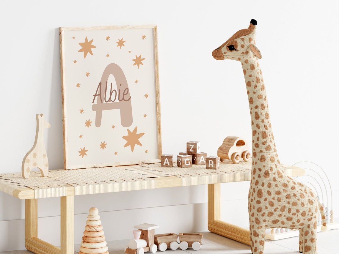 Milo Personalized Name Initial Mustard Stars Nursery Baby Poster - Image 2
