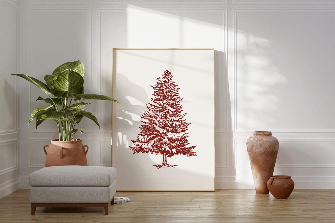 Red Christmas Tree Line Drawing Cream Minimal Holiday Decor Poster - Image 2