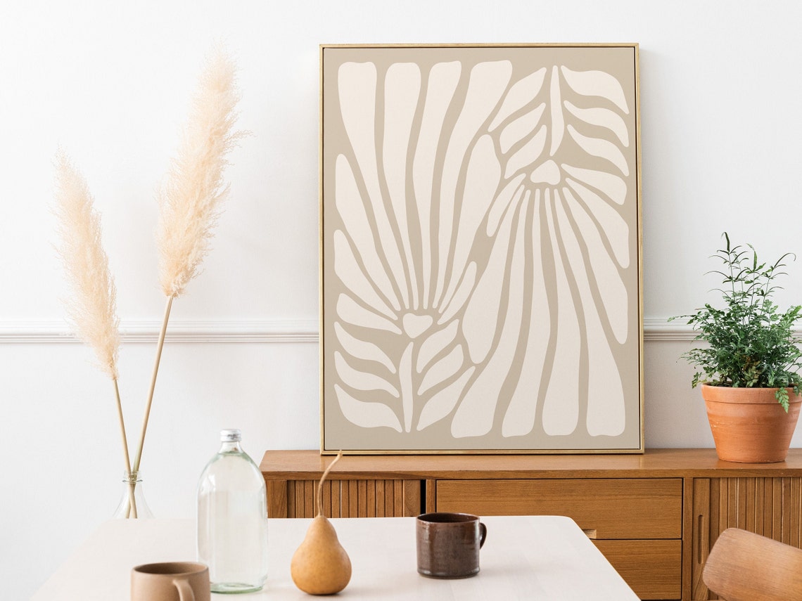 Beige Abstract Botanical Leaves Organic Minimal Living Room Poster