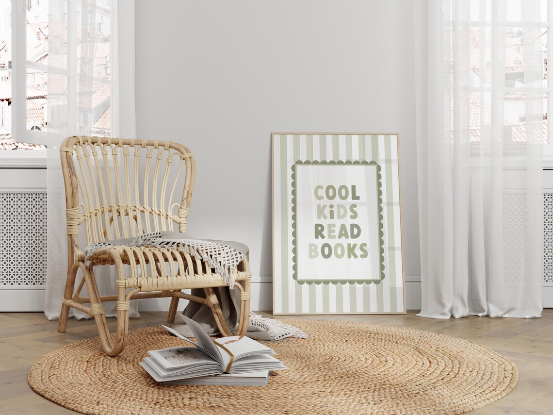Cool Kids Read Books Sage Green Art Print - Image 2