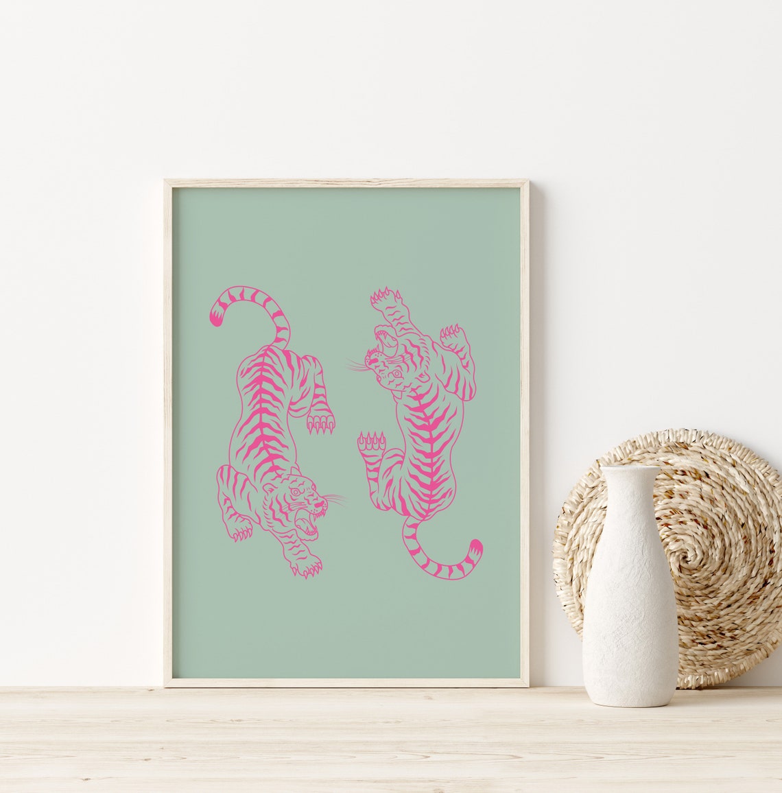 Pink Tigers Illustration Sage Green Background Preppy Dorm Poster - Image 3