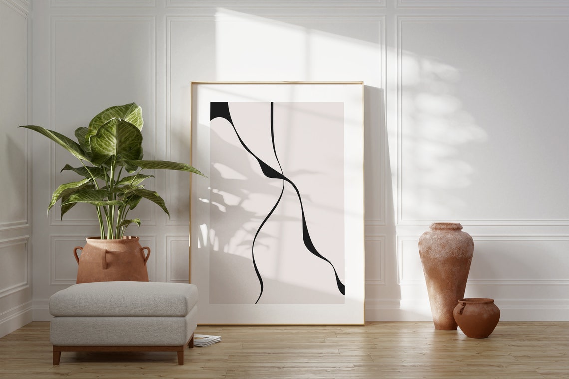 Taupe Black Wavy Brush Line Neutral Abstract Minimalist Print - Image 2