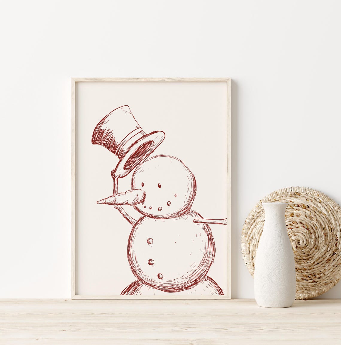 Red Ink Snowman Top Hat Sketch Vintage Christmas Holiday Art Print - Image 3