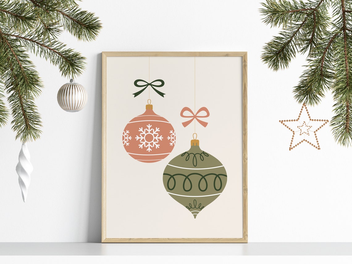 Boho Christmas Baubles Terracotta Sage Hanging Ornaments Poster