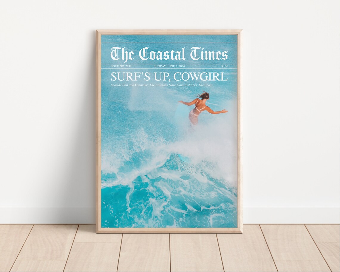 The Coastal Times Surfs Up Cowgirl Newspaper Beach House Wall Poster - Image 2