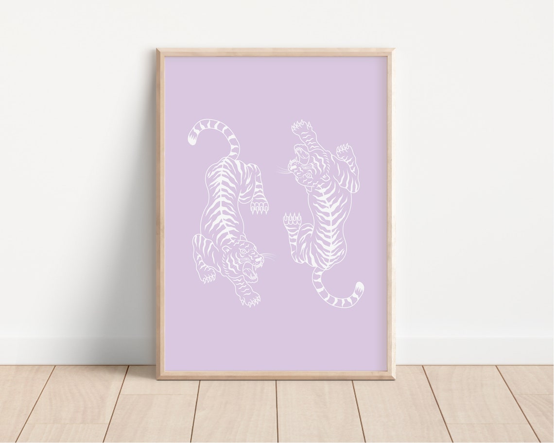 Lilac Twin Tigers Japanese Style Minimal Line Art Dorm Poster - Image 4