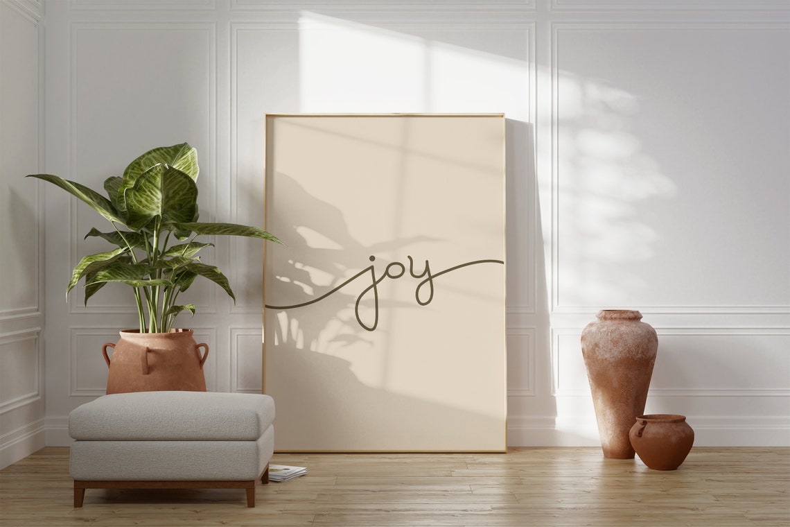 Minimalist Joy Script Poster Beige Boho Christmas Word Art Design - Image 3