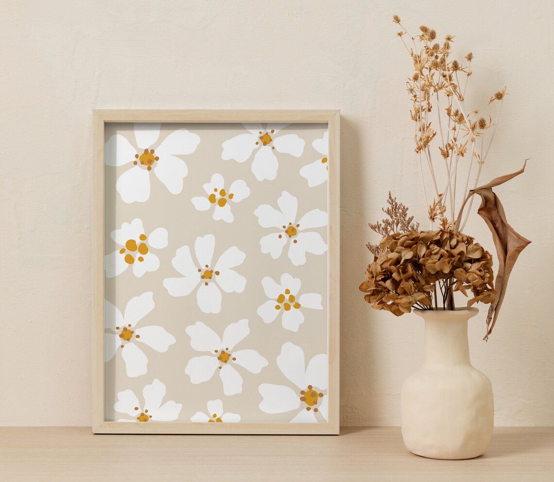 Neutral Flower Print, Beige Boho Floral Art Print - Image 3