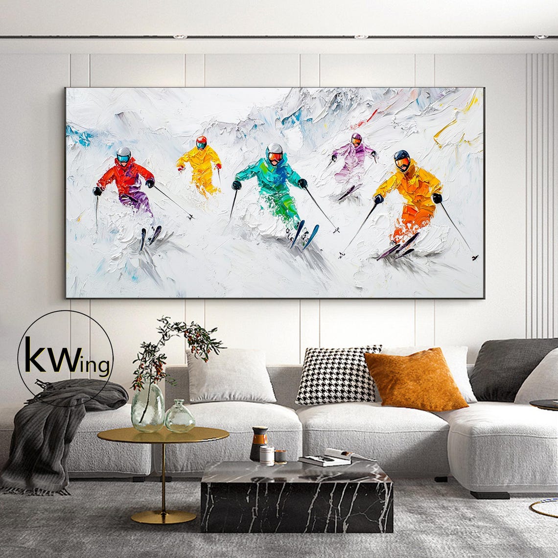 Five Colorful Skiers Racing Down Snowy Mountains Impasto Style Poster - Image 4