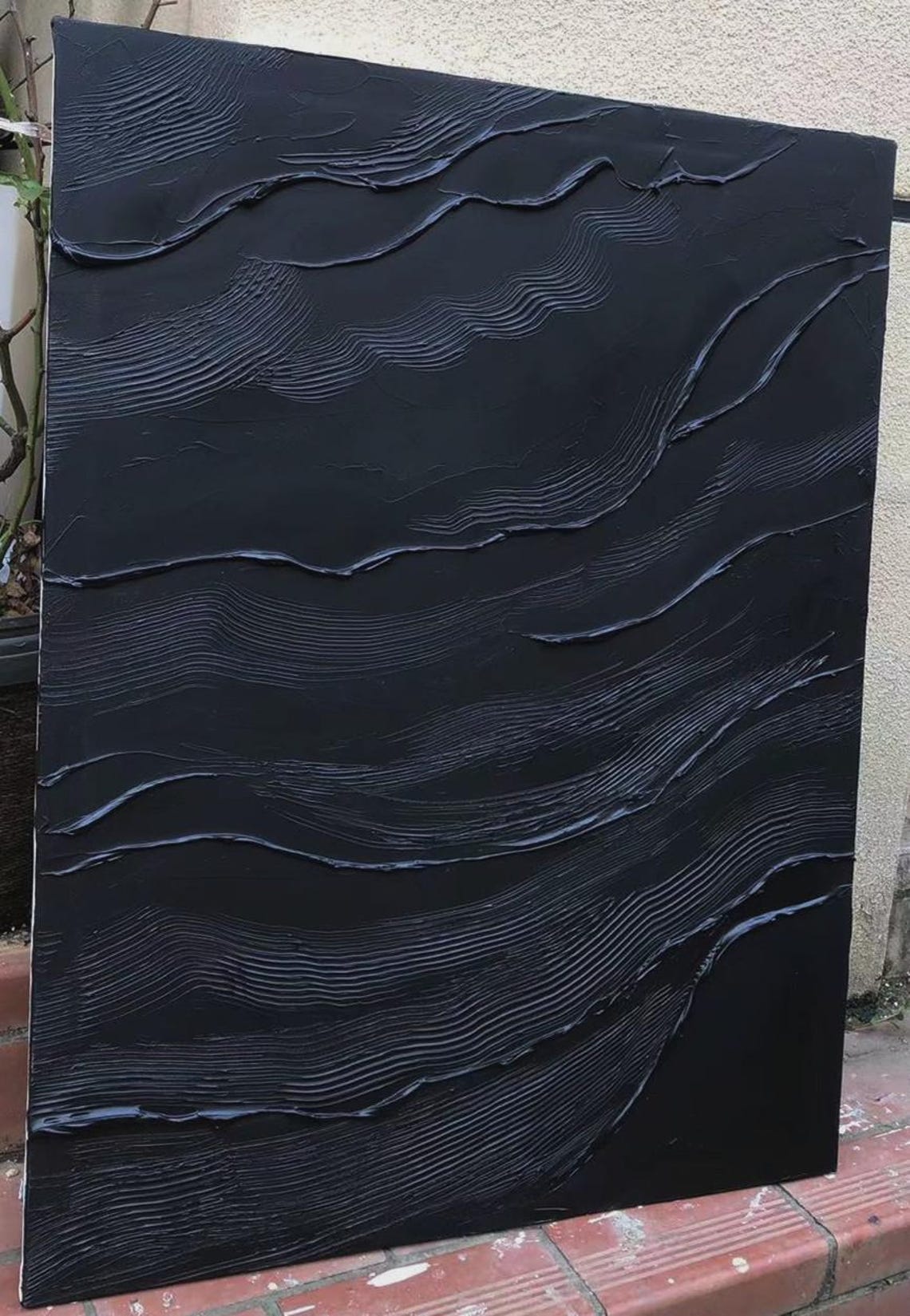 Black Layered Wave 3D Texture Abstract Painting Dark Minimalist Poster - Image 3