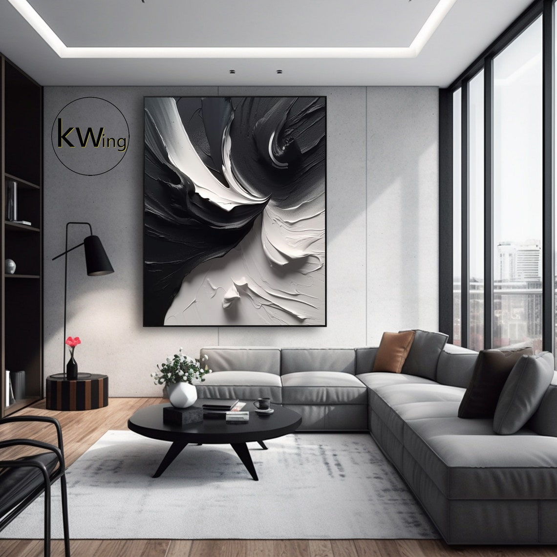 Black White Flowing Feather Wave Impasto Textured Yin Yang Poster - Image 3