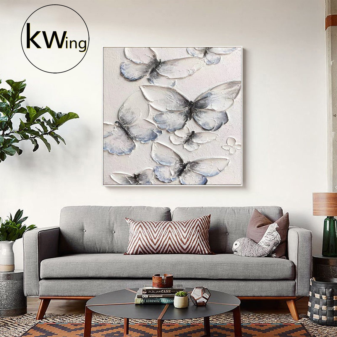 White Blue Butterfly 3D Texture Abstract Painting Square Modern Poster - Image 3