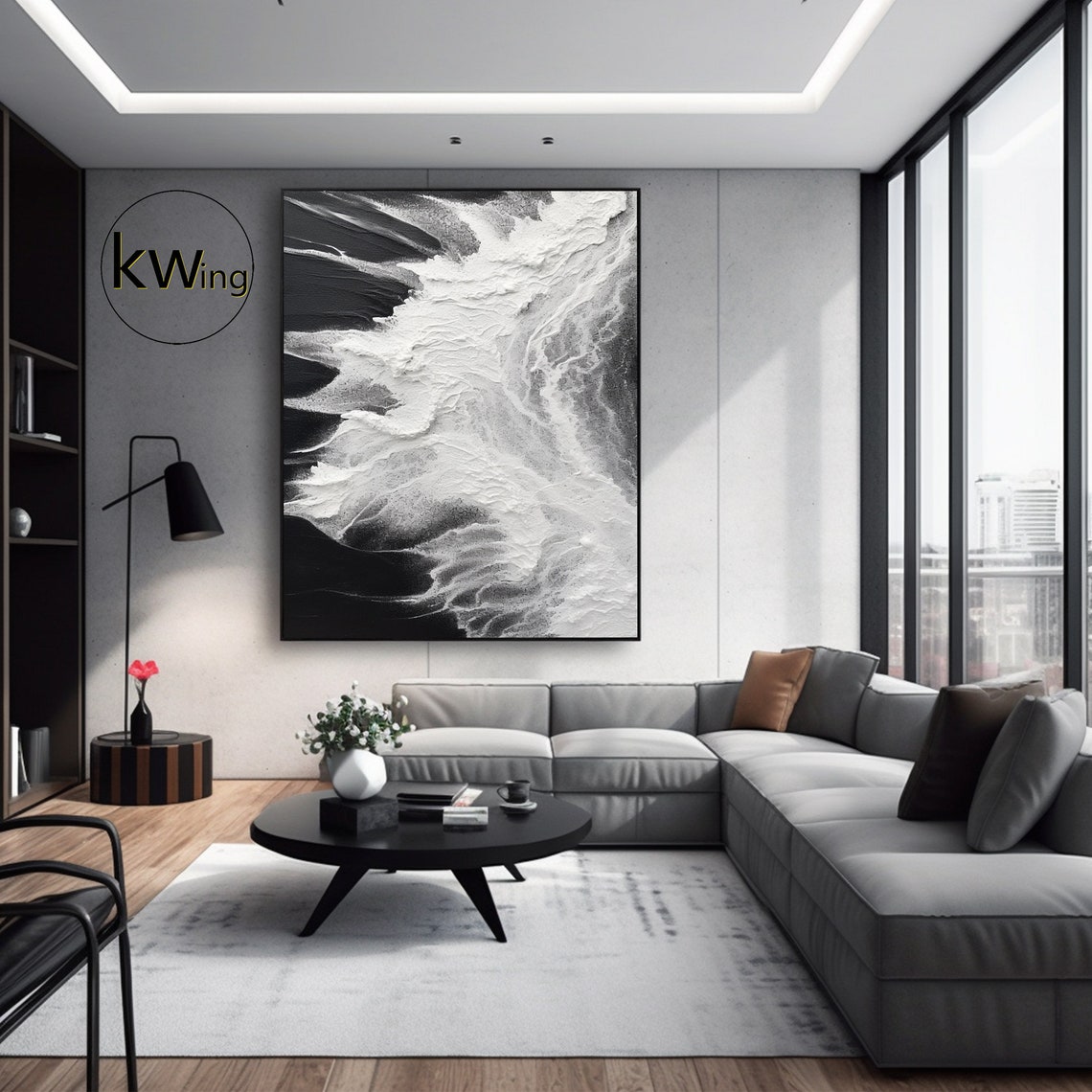 Black White Crashing Wave Abstract 3D Texture Painting Wall Art Poster - Image 2
