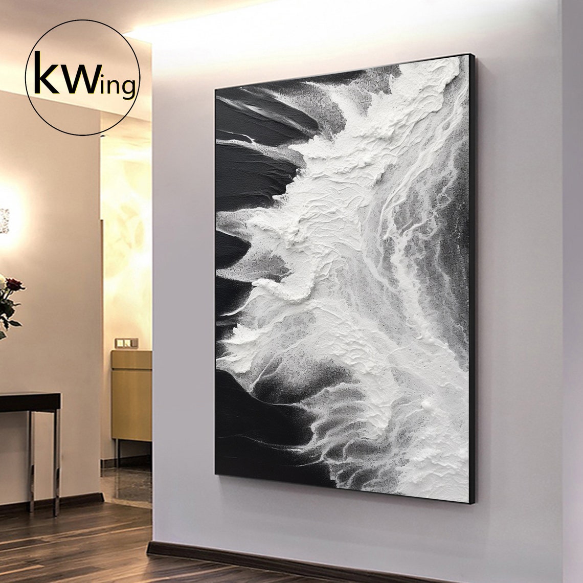 Black White Crashing Wave Abstract 3D Texture Painting Wall Art Poster - Image 5