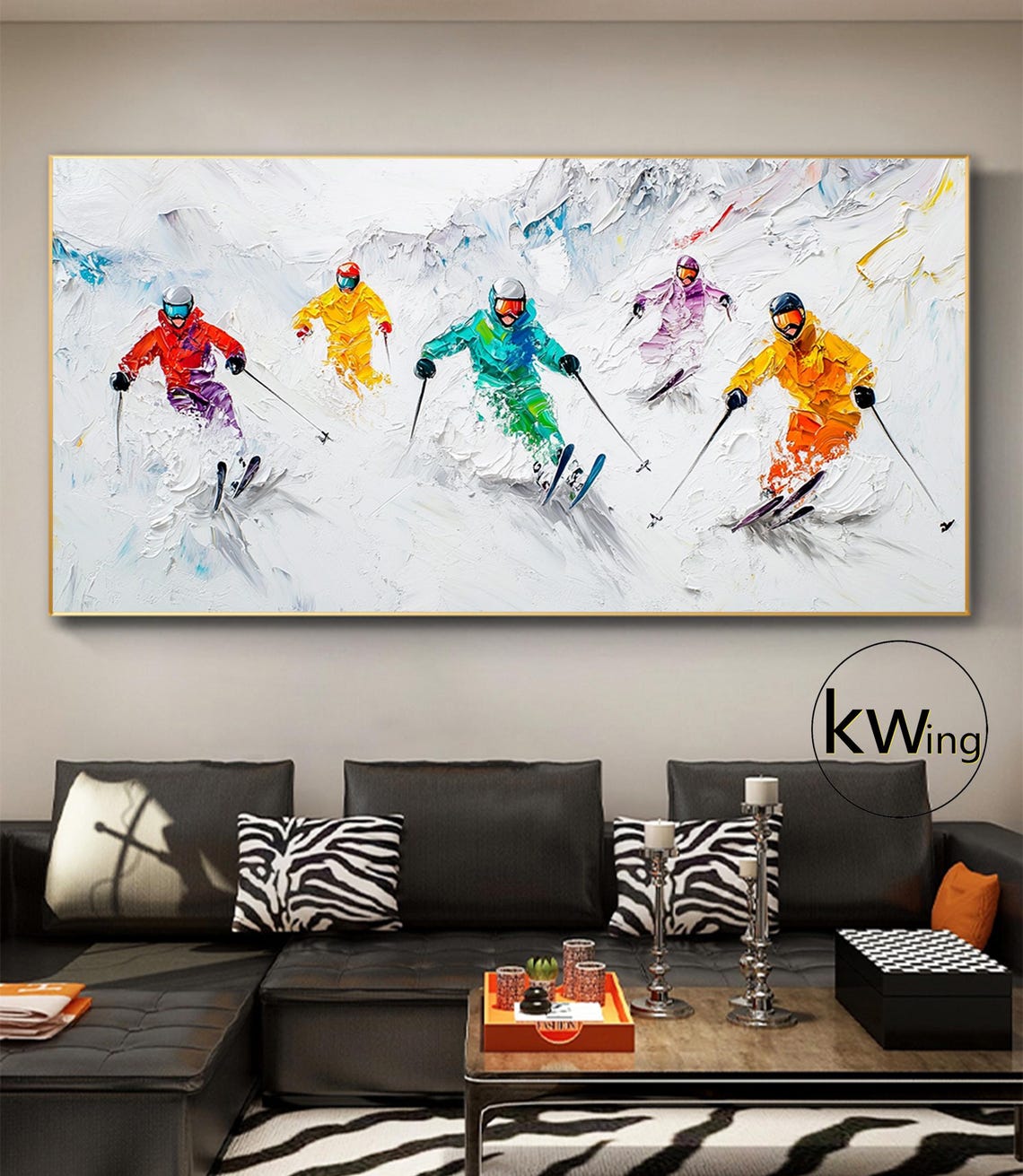 Five Colorful Skiers Racing Down Snowy Mountains Impasto Style Poster - Image 5