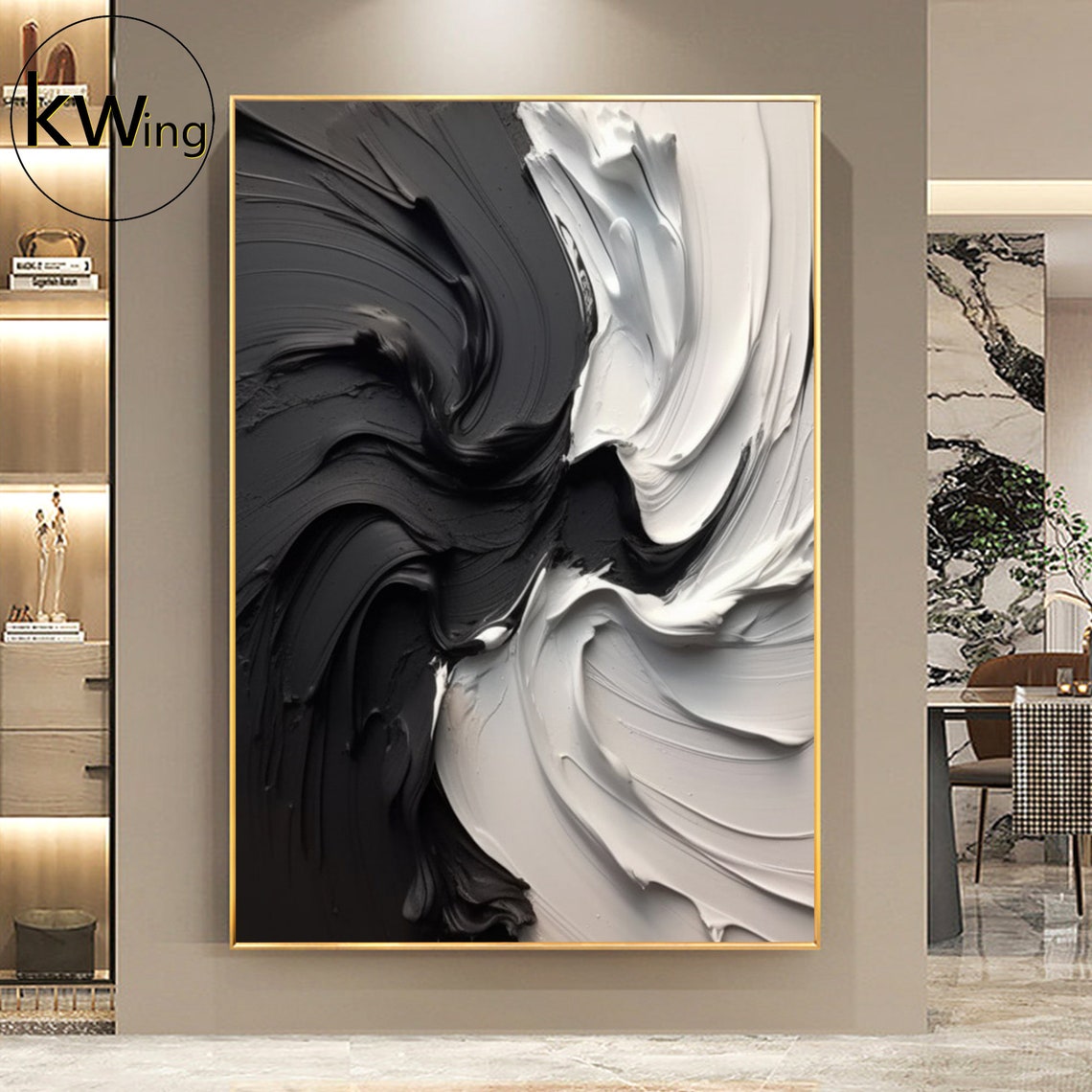 Black White Ribbon Waves Impasto Abstract Textured Flow Modern Poster - Image 2