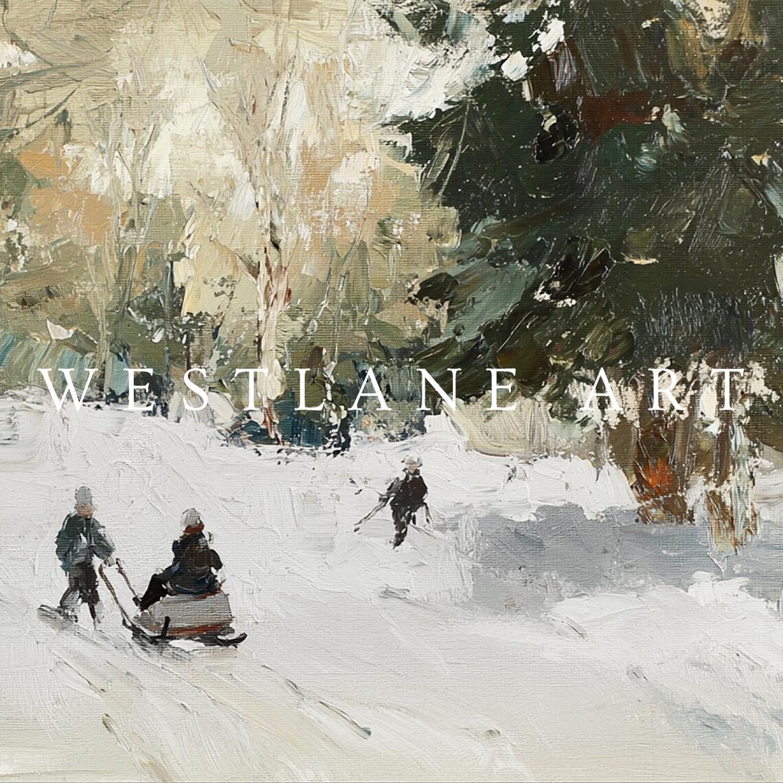 Vintage Winter Sledding Oil Painting Children in Snowy Forest Poster - Image 2