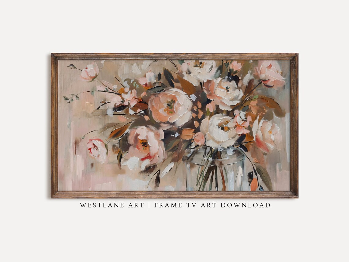 Neutral Floral Still Life Painting Blush Peonies Glass Vase Art Print - Image 2