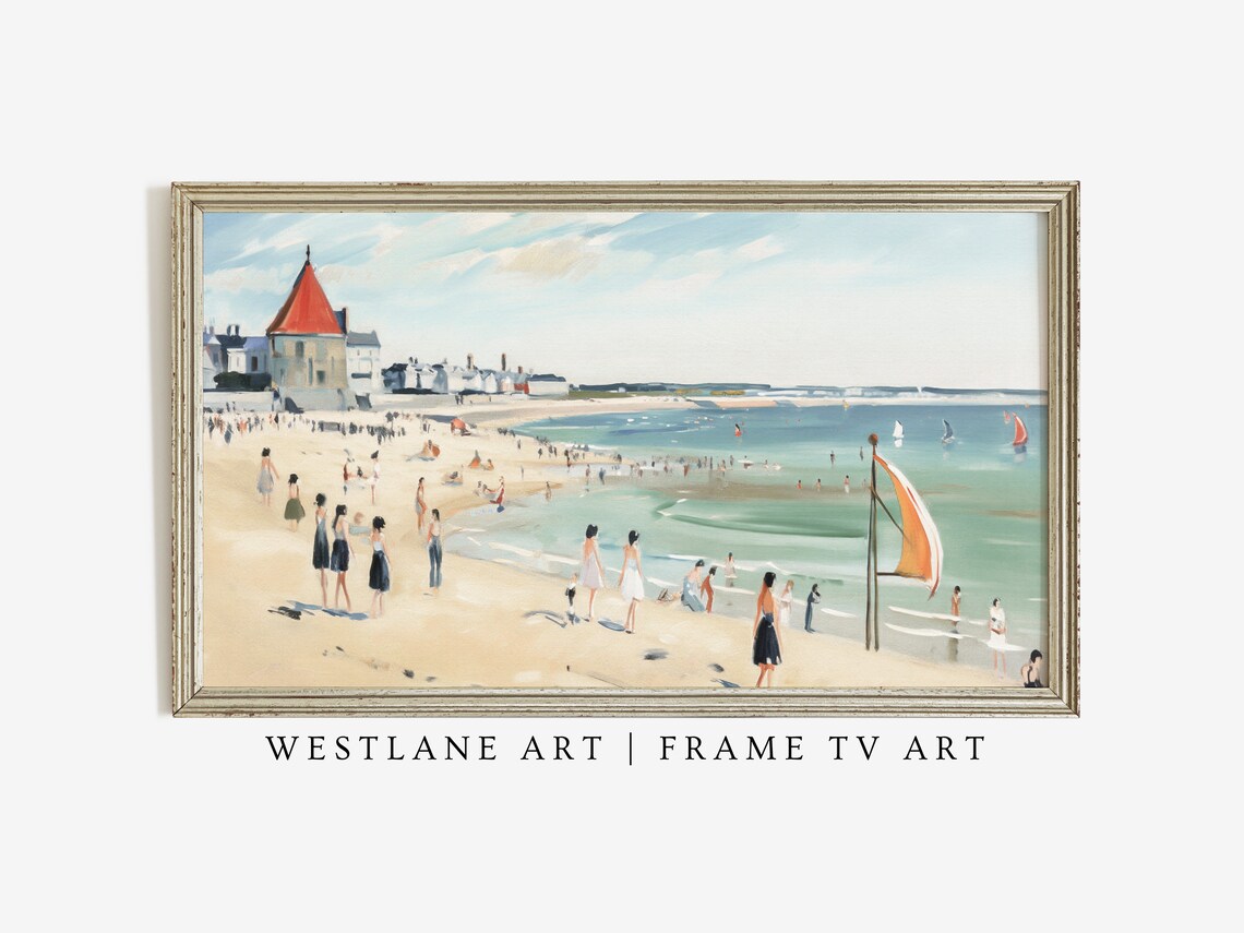 Vintage Beach Scene Bathers Red Roof Coastal Painting Wall Art - Image 3