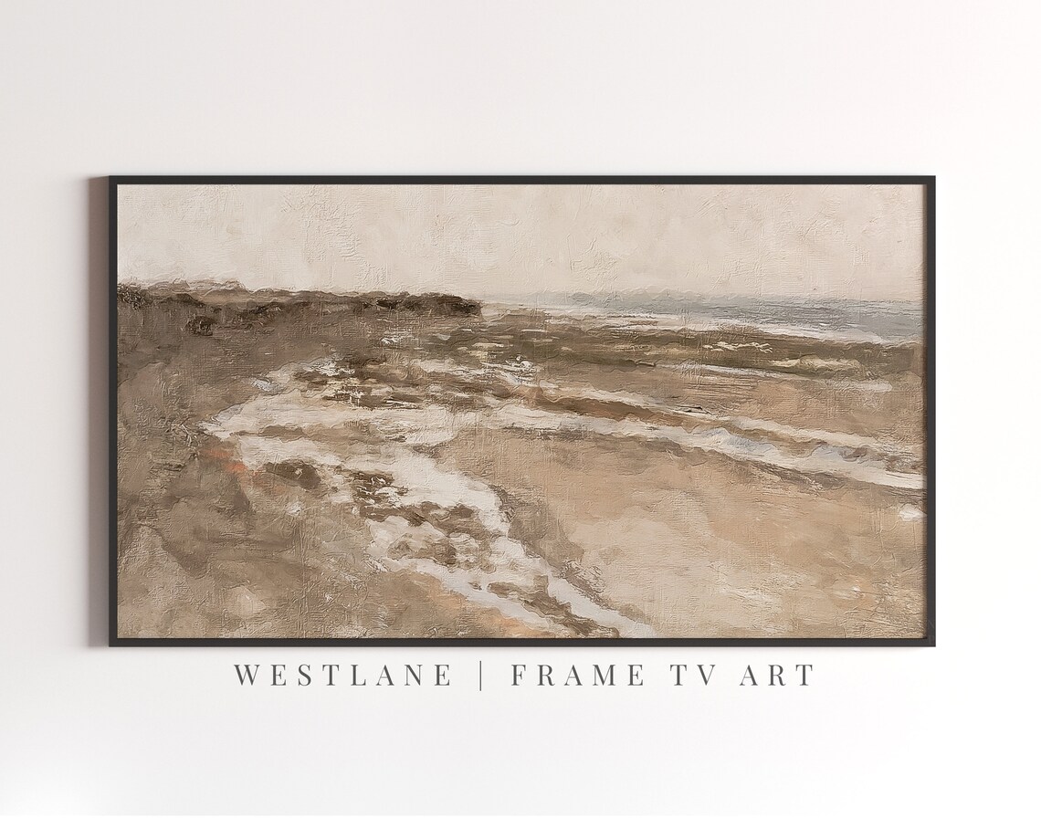 Vintage Beach Painting Waves Tan Sand Hazy Neutral Shore Impressionist Wall Art Poster - Image 2