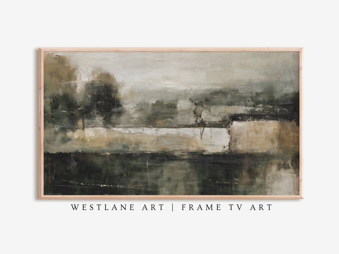 Dark Green Moody Abstract Landscape Lake Reflection Painting Wall Art